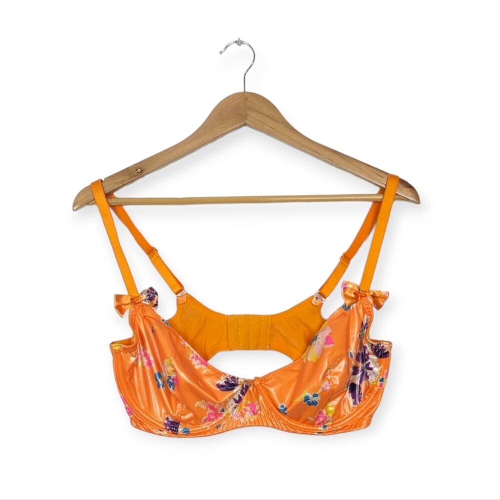 Savage X Fenty Demi Bra 34DD Orange Floral Mesh Lace Lingerie Sexy